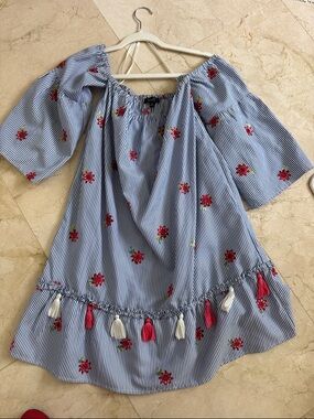 Women’s Blue Striped Dress with Red Floral Embroidery and white and red tassels